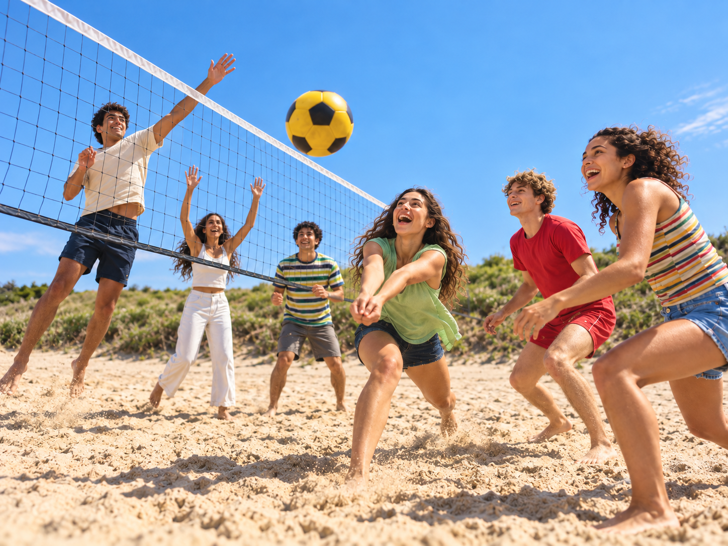 Grupa młodych ludzi grających w siatkówkę plażową